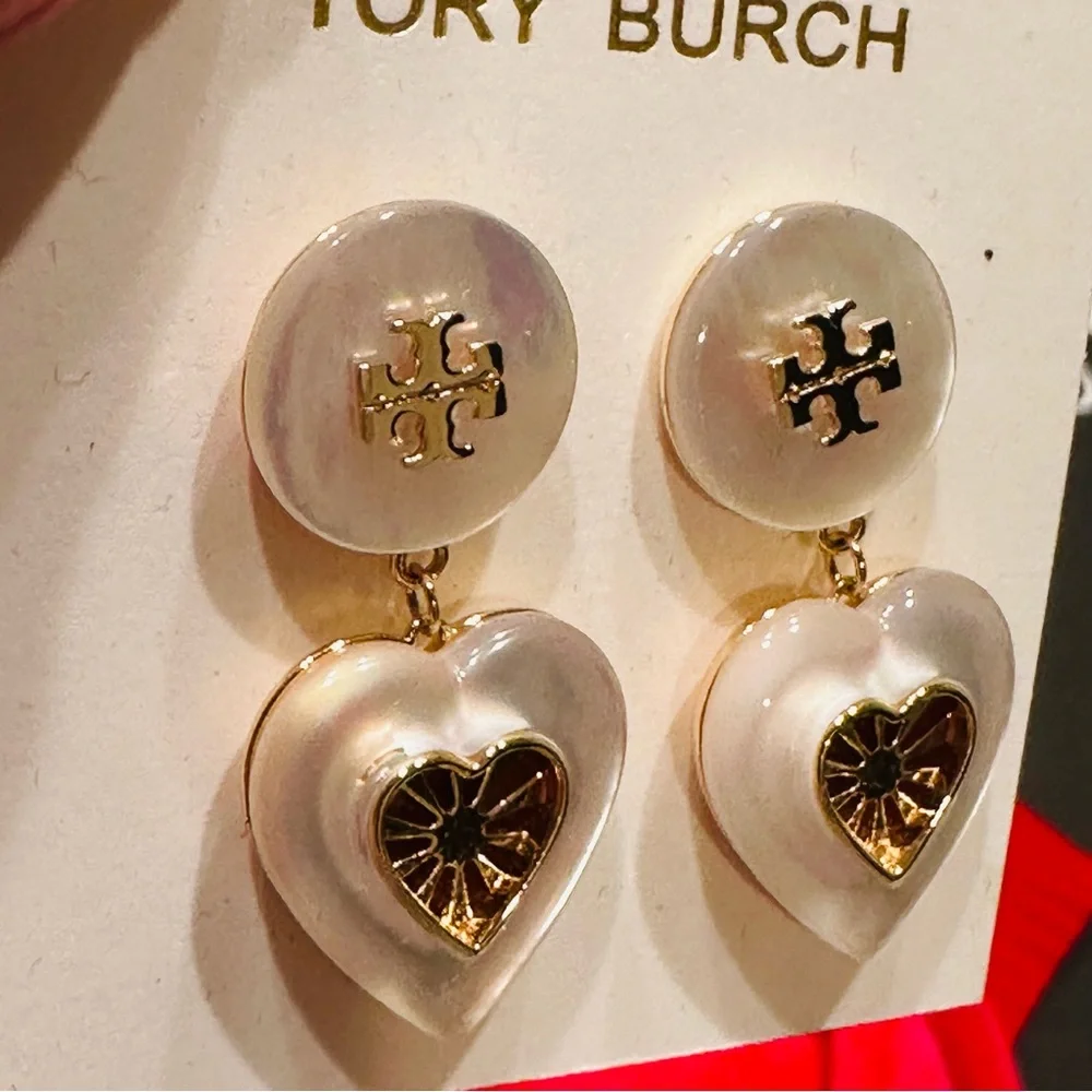 NWT Tory Burch Celestial Heart Shape Mother Of Pearl Drop Earring - Picture 5 of 8